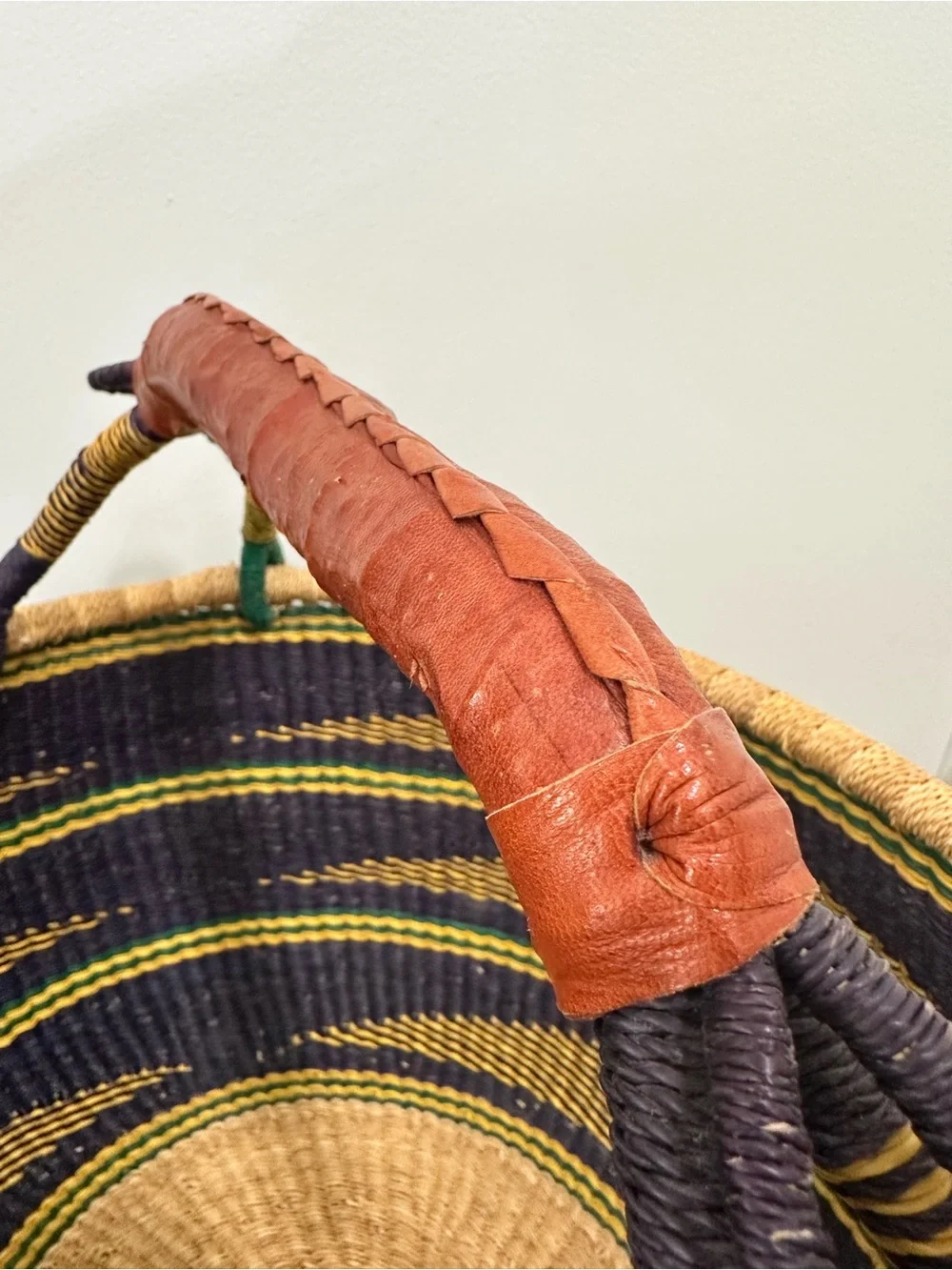 Large Bolga Basket Woven Striped Storage Basket Leather Handle Multicolor Ghana